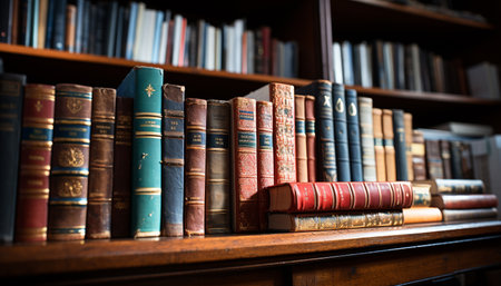 Large group of books on a bookshelf in a library generated by artificial intelligenceの素材