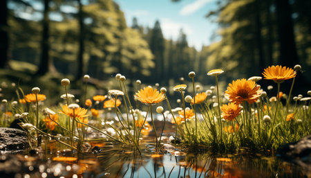 Freshness of summer meadow, yellow daisy blossoms in nature generated by artificial intelligenceの素材