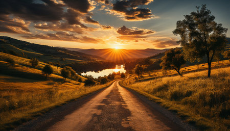 Sunset over rural landscape, mountains, trees, and meadows create beauty generated by artificial intelligenceの素材