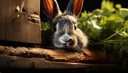 Cute rabbit sitting outdoors, eating hay on rustic farm generated by artificial intelligenceの素材