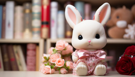 Cute baby rabbit sitting on a shelf, surrounded by flowers generated by artificial intelligenceの素材
