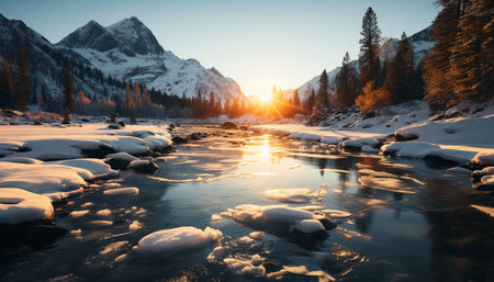 Majestic mountain range reflects tranquil sunset on frozen water generated by artificial intelligenceの素材