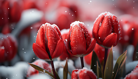 A vibrant tulip blossom in a meadow, wet with dew generated by artificial intelligenceの素材
