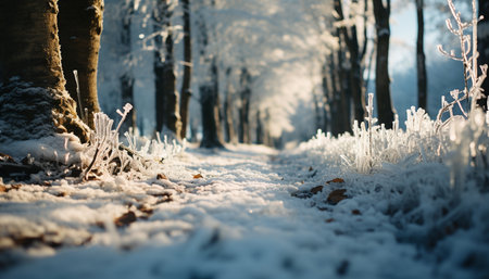 Winter forest snow covered trees, frozen branches, tranquil beauty generated by artificial intelligenceの素材