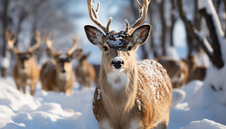 A cute deer stands in the snowy forest, looking at camera generated by artificial intelligenceの素材