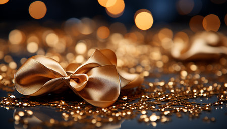 Shiny gold ornament glows on defocused background, illuminating celebration generated by artificial intelligenceの素材