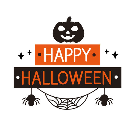halloween lettering with pumpkin and spiders vector isolatedのイラスト素材