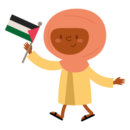 palestine woman walking with flag characterのイラスト素材
