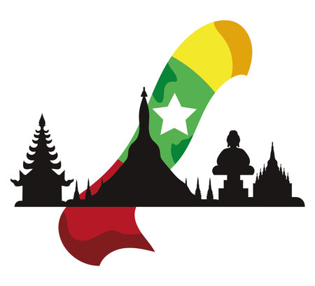 myanmar bagan temples and flag vector isolatedのイラスト素材