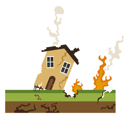 earthquake illustration with destroyed house vector isolatedのイラスト素材