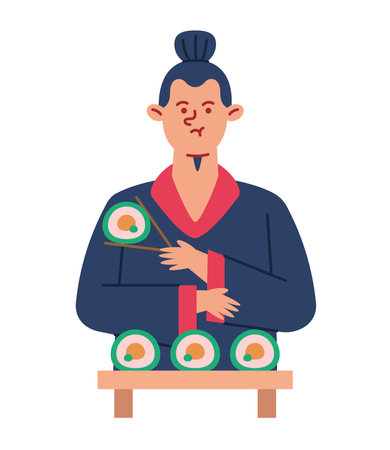 adult man eating fresh sushi with chopsticks isolatedのイラスト素材