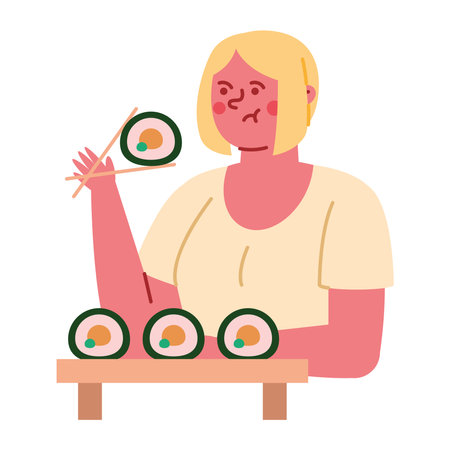 woman eating sushi rolls isolatedのイラスト素材