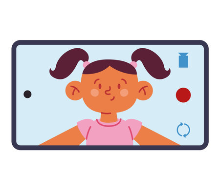 cute little girl using her phone cartoonのイラスト素材