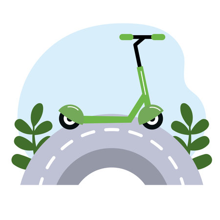 green kick push scooter on roadのイラスト素材
