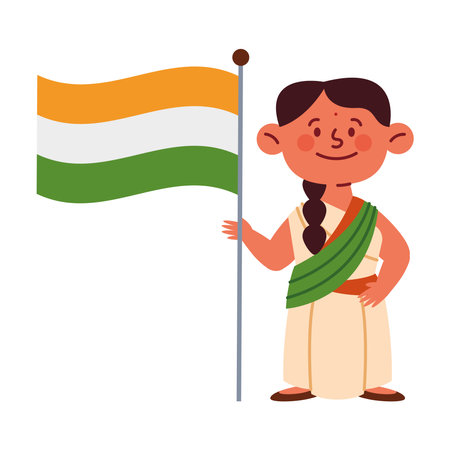 girl in national costume holding the flag of india isolatedのイラスト素材