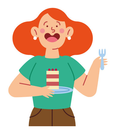 woman eating slice of cake isolatedのイラスト素材