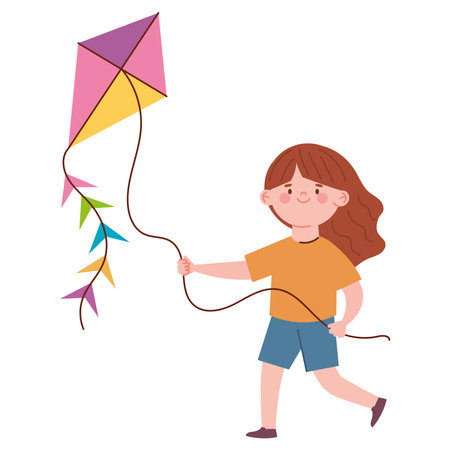 cartoon girl flying kiteのイラスト素材