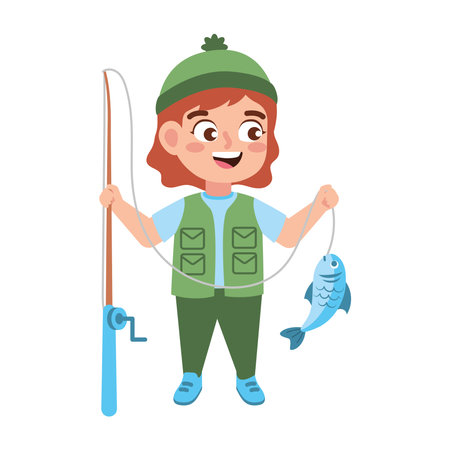 girl with fishing rod and fishのイラスト素材
