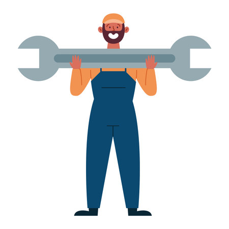 mechanic man holding wrench isolatedのイラスト素材