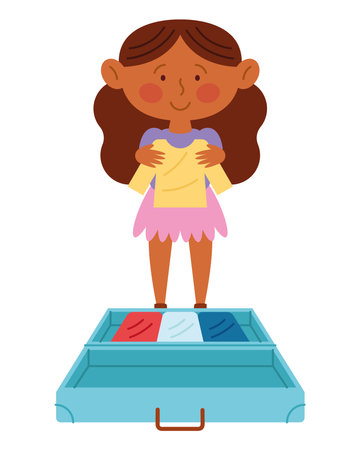 Girl studying near packed suitcaseのイラスト素材