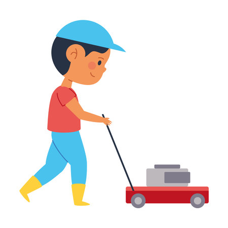 A boy walking with lawn equipment in cartoon styleのイラスト素材