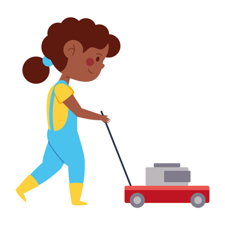 A girl walking with lawn equipment in cartoon styleのイラスト素材