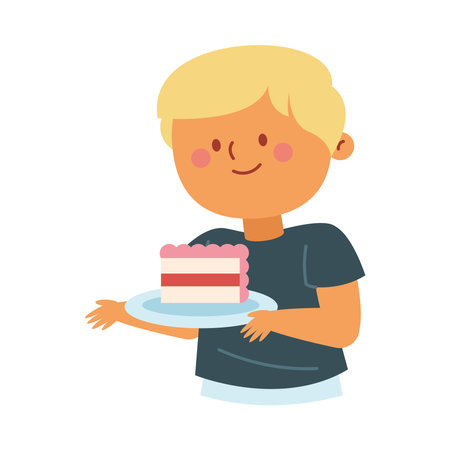 Kid eating slice cake enjoying fun mealのイラスト素材
