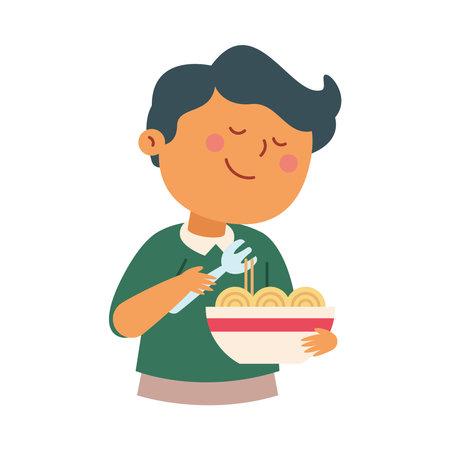 Kid eating noodles in bowl illustrationのイラスト素材