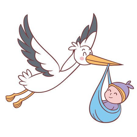 Baby Delivery Stork Carrying Baby Boy in Blue Bag Iconのイラスト素材