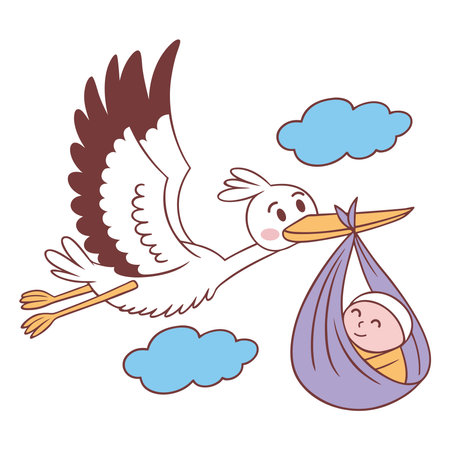 Baby Delivery Stork Carrying Baby Girl in Pink Pouch Iconのイラスト素材