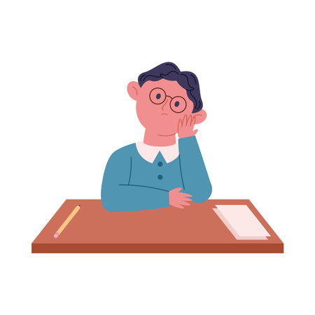 Confused student sitting at desk lookingのイラスト素材