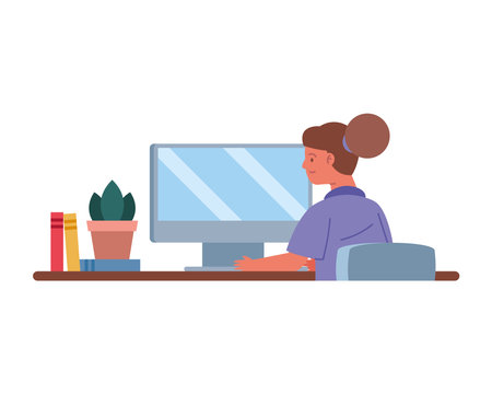 Student on Computer Girl taking notesのイラスト素材