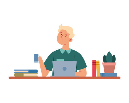 Student on Computer in a cozy workspaceのイラスト素材
