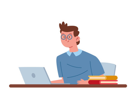 Student on Computer Young man studyingのイラスト素材