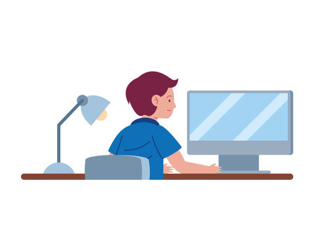 Student on Computer boy focused studyingのイラスト素材