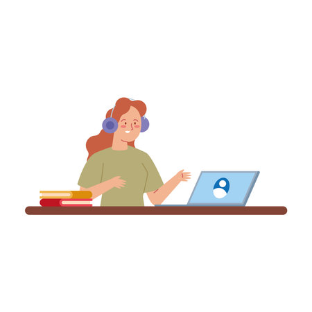 Student on Computer Relaxed wearing headphonesのイラスト素材