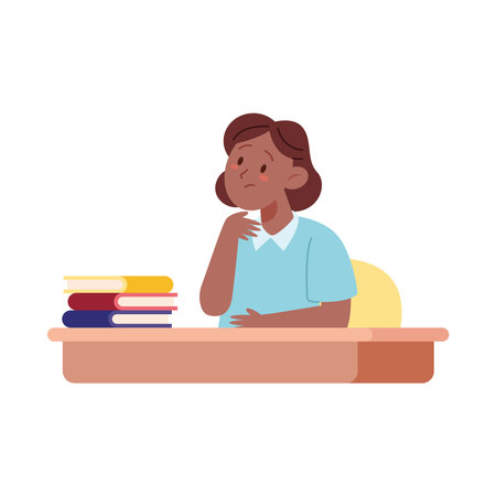Student Thinking sitting at a desk with booksのイラスト素材