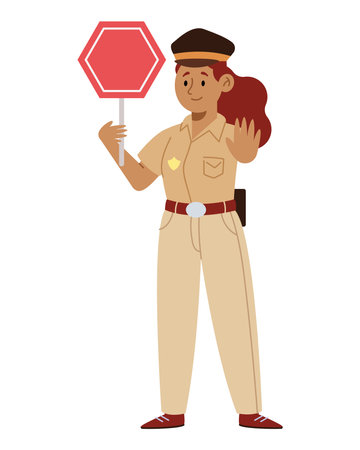 Indian Police Female directing traffic with stop signのイラスト素材