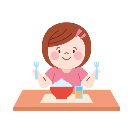 Child eating breakfast at the tableのイラスト素材