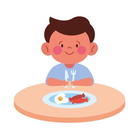 Child eating dinner happy and enjoyingのイラスト素材