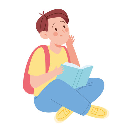 Student Thinking sitting with a bookのイラスト素材