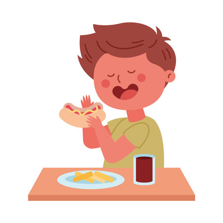 Kid eating hot dog and soda designのイラスト素材