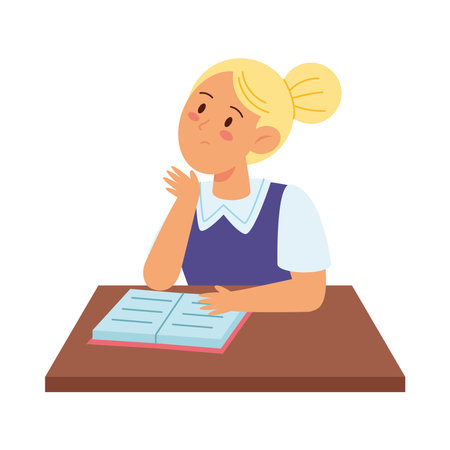 Student Thinking sitting at a desk studyingのイラスト素材