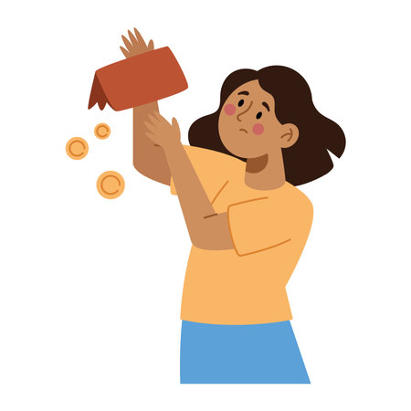 Losing Money Cartoon Woman Wallet Drop Sad Empty Finance Character Coins Falling Broke Illustration Backgroundのイラスト素材