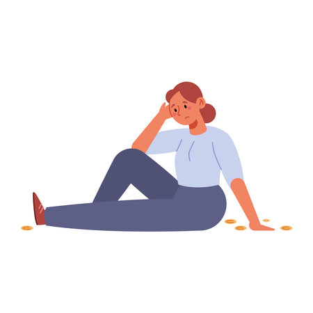 Losing Money Woman Sit Sad Empty Pocket Broke Finance Cartoon Coins Fall Despair Illustration Emotionのイラスト素材