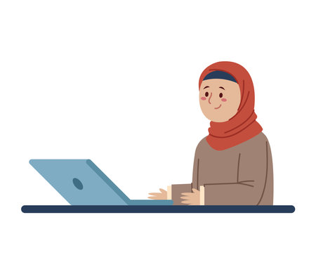 Muslim Female Teacher Online Laptop Character Learning Education Hijab Desk Teaching Virtual Classroomのイラスト素材