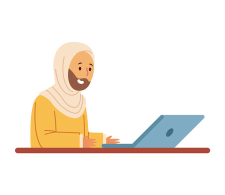 Teacher Hijab Laptop Desk Female Education Online Classroom Technology Learning Modern Muslim Teachingのイラスト素材