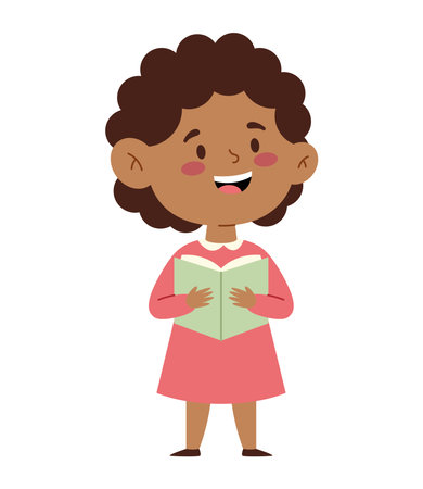Preschool Girl Reading Book Smiling Character Classroom Child School Education Happy Sitting Cartoonのイラスト素材