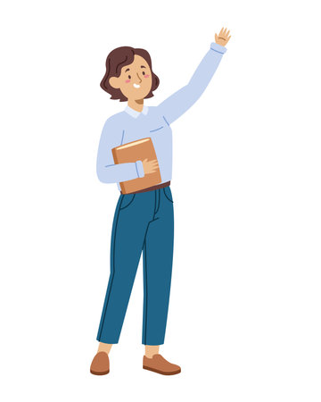 Teacher Waving Female Character Holding Book Friendly School Pose Happy Education Greeting Gesture Smileのイラスト素材