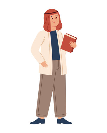 Muslim Female Teacher Standing Book Character Hijab Education School Teaching Professional Pose Classroomのイラスト素材